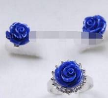 Free Shipping  Charming!Fashion Hand Carved Blue Coral Flower Ring Earrings Set 2024 - buy cheap