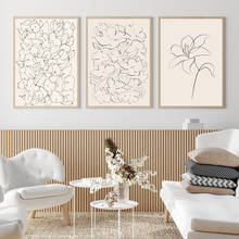 Linha floral impressão de arte rabiscar botânico desenho da lona pintura abstrata flores moderno cartaz neutro parede fotos decoração casa 2024 - compre barato