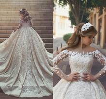 Novo lindo vestido de noiva renda transparente, mangas compridas, cristais, babados, apliques, tule 2024 - compre barato