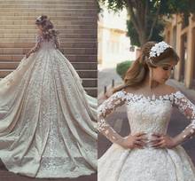 Vestidos de novia de encaje con cuello transparente, manga larga, cristales, volantes, apliques, tul, novedad 2024 - compra barato