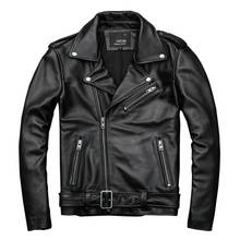 Men Classical Perfecto Motorcycle Jackets 100% Natural Calf Skin Men Genuine Leather Jacket Black Coat Slim 24''-27'' in Length 2024 - buy cheap