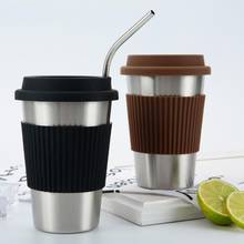 Copo de café de aço inoxidável com tampas de silicone, antiderrapante, mangas escaldantes, bebedouro, cerveja, leite, chá, canecas de café 400ml 2024 - compre barato