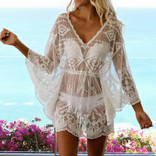 Women Lace Beach Dress Bikini Cover-ups Holiday See-through Lace Swimwear Cover-up Loose V-Neck Loose Batwing Sleeve Smock Dress 2024 - buy cheap