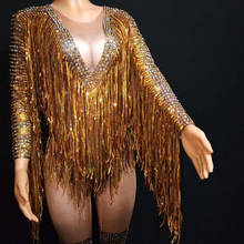 Ouro Strass Borla Macacões Colantes Mulheres Festa Franjas Macacão Bodysuit Jazz Dança Figurinos Boate Cristal 2024 - compre barato