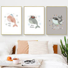 Плакат с мультяшными животными и рыбками для детской комнаты, настенная Картина на холсте с рисунком Кита, детское украшение в скандинавском стиле, картина для мальчиков, декор для спальни 2024 - купить недорого