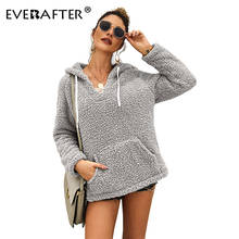 EVERAFTER Hooded coral fleece pullover sweatshirt women warm solid pocket loose lantern sleeve 2019 Autumn Winter casual hoodies 2024 - buy cheap