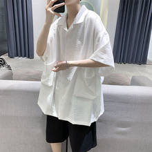 Camisa de linho masculina, camisa de algodão de bolso da moda para homens, camisa casual estilo coreana solta de manga curta 2024 - compre barato