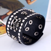 Leabyl New Arrival Punk Series Skull Decor Wide Leather Strap Wrap Bracelet Vintage Cow Leather Men's Bracelet Casual Jewelry 2024 - купить недорого