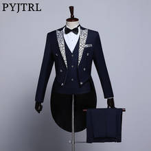 PYJTRL Male Fashion Black Navy Blue White Floral Lapel Wedding Grooms Tailcoat Tuxedo Evening Party Costumes Singers Suit Men 2024 - buy cheap