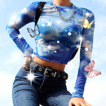 Camiseta de malla con dibujo de nube de cielo azul para mujer, Top corto transparente informal, Camiseta ajustada, Camiseta Sexy para mujer 2020 2024 - compra barato