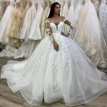 Свадебное платье с длинным рукавом, бальное платье с блестящим кружевом и блестящими бусинами, свадебное платье с глубоким вырезом 2024 - купить недорого