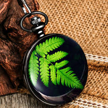 Harajuku Style Small Fresh Green Leaf Pocket Watch Black Smooth Flip Cover White Quartz Dial Thick Chain Pendant Watches 2021 2024 - buy cheap