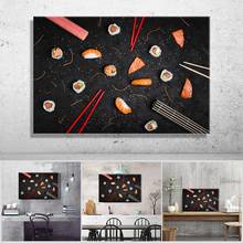 Imagem da lona impressa pintura sushi no fundo preto parede arte cartaz para sala de estar decoração restaurante cozinha sem moldura 2024 - compre barato