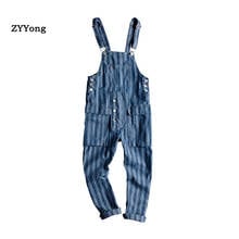 Retro Loose Striped Overalls Men Denim Jumpsuit Bib Jeans Korean Hip Hop Streetwear Big Pocket Cargo Pants Trousers Clothing 2024 - buy cheap