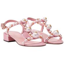 Women Elegant Pearl Buckle Square Low Heel Sandals Vintage Deep Toe Sweet Pink Sandalias Woman Fashion T Strap Shoes Girls 2024 - buy cheap