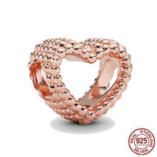 Pingente prata 925 ouro rosa contas, conta coração aberto contas finas ajuste original pandora bracelete joia 2021 2024 - compre barato