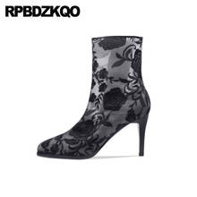 Ankle mesh preto bordado feminino sapatos de verão lado zip botas stiletto sandálias dedo do pé apontado flor salto alto qualidade 2024 - compre barato