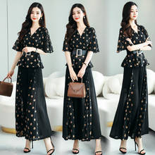 2021 Summer Autumn Women Two Pieces Sets V-neck tops+printed wide leg pants trousers lady 2 Piece suits 2024 - buy cheap