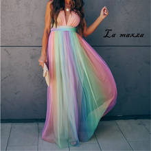 Летнее сексуальное Сетчатое женское Макси-платье 2020 с глубоким v-образным вырезом, радужные вечерние женские платья на тонких бретельках 2024 - купить недорого