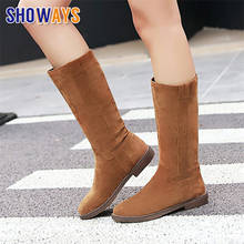 2021 Winter Women Mid-calf Boots Beige Brown Faux Suede Warm Plush Casual Party Lady Low Square Heel Platform Slip-on Half Boots 2024 - buy cheap