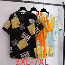 Novo verão 2021 plus tamanho tops para mulher grande solto manga curta impressão preto amarelo hip hop v-neck camiseta 3xl 4xl 5xl 6xl 7xl 2024 - compre barato