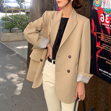 Blazer feminino folgado, jaqueta feminina estilo vintage de negócios, moda coreana, frente única, estilo cáqui, casual, para escritório 2024 - compre barato