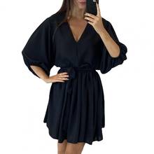 2021 Summer Women Dress Sexy V-Neck 3/4 Sleeve Tie Bandage Lace-up Ruffle Hem Dresses Casual Solid Color Plus Size 2024 - buy cheap