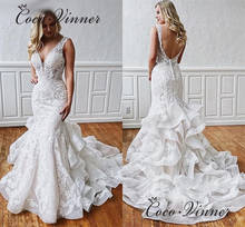 W0659 Sexy Backless V Neck Wedding Dress Mermaid 2021 New Tiered Train Lace Embroidery Custom Made Wedding Gowns China 2024 - buy cheap