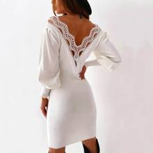 Backless Lace Sweater Dresses Women's Long Sleeve V Neck Mini Straight Ladies High Street Autumn Knitting Dresses 2021 New 2024 - buy cheap