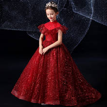 Children Kids Elegant Beautiful Sweet Wine-red Birthday Party Ceremony Princess Dress Girls Luxury Host Piano Sequined Dress 2024 - buy cheap