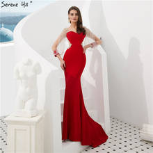 Sexy Long Sleeve Mermaid Red Prom Dresses 2021 Beading Tassels Long Dress Prom Gowns Serene Hill LA6618 2024 - buy cheap