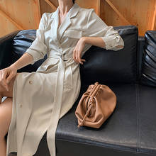 Осеннее женское элегантное OL стильное платье-рубашка с отложным воротником, однотонное весеннее женское Повседневное платье с длинным рукавом 2024 - купить недорого