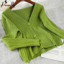 PEONFLY-cárdigan de punto para mujer, abrigo de Color sólido con cuello en V, manga larga, informal, coreano, verde y azul, moda de otoño 2024 - compra barato