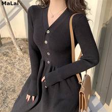 Vestido suéter preto coreano 2021 outono inverno mulheres sensual gola em v elegante vestido de escritório de malha manga comprida vestido feminino de uma peça 2024 - compre barato