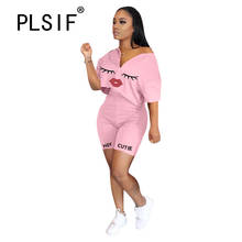 2020 women summer pink v neck letter printing round collar short sleeve loose top and  hot shorts 2 pieces set casual lady set 2024 - buy cheap