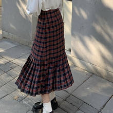 Autumn Winter Women Long Plaid Skirt Fashion Vintage red plaid pleated skirts Japanese style female Long skirt Casual 2020 HOT 2024 - buy cheap