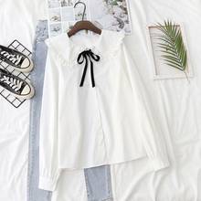 Spring white loose doll collar long-sleeved shirt female pure cotton lace ruffled ribbon shirt female student top 2024 - buy cheap
