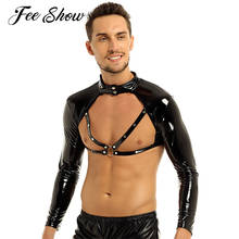 Mens Wetlook Faux Leather Crop Top Rave Dance Stage Costume Tops Clubwear Long Sleeves Stand Collar Studded Muscle Half Tank Top 2024 - buy cheap