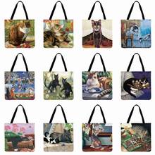 Ladies Shoulder Bag American Pastoral Painting Cat Print Tote Bag For Women Casual Tote Foldable Shopping Bag Outdoor Beach Bag 2024 - buy cheap