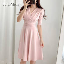 JulyPalette Elegant Ladies Solid V-neck A-line Dress Summer Ruffles Short Sleeves Mid-length Dress Pink Black Women Party Dress 2024 - buy cheap