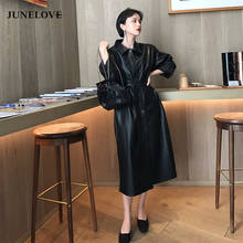 JuneLove Women Autumn Fashion Trench Long Type PU Leather Windbreaker Loose Single-breasted Long Coat Black Clothing Outwears 2024 - buy cheap