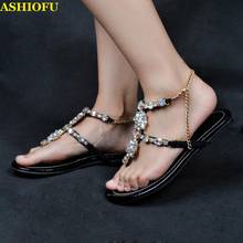 ASHIOFU-Sandalias planas con cadenas de cristales para mujer, zapatos de verano, calzado de fiesta, para uso diario, XD138 2024 - compra barato