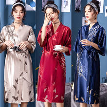 Mulheres cetim de seda sexy kimono roupão na altura do joelho folha dama de honra banho robe plus size vestido de noiva para pijamas de casamento 2024 - compre barato