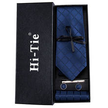 Hi-Tie-Corbata azul marino a cuadros para hombre, corbatas tejidas de seda, conjunto de corbata sólida, gemelos, Clip, caja de regalo Para Marido Y HB-1656 2024 - compra barato