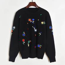 Jerseys para Mujer, suéter bordado con patrón de cereza de Color de contraste, Jersey de punto con cuello redondo, jerséis negros, Sueter para Mujer 2024 - compra barato