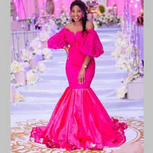 Fuchsia Prom Dresses Puffy Poet Sleeves Lace Appliques Off The Shoulder Mermaid Evening Dress African Formal Party Gowns 2024 - buy cheap