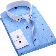 Aoliwen camisa masculina de manga longa, camisa estampada azul e macia para primavera, verão, botão casual, praia, férias, camisetas slim anti-rugas 2024 - compre barato