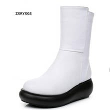 2022 New Top Cowhide Spring Autumn Leather Boots Platform Wedges White Black Mid-tube Martin Boots Winter Warm Shoes Woman Boots 2024 - buy cheap