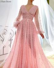 Light Pink Evening Dress 2020 Beads A-line Sexy Illusion Long Fluffy Sleeves V-neck Floor Length Prom Dress вечернее платье 2024 - buy cheap