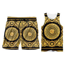 S-6XL Summer Mens Sets Luxury 3d Crown Floral Print Sleeveless Vest Sports Hoodie Tank Tops+Shorts Set Custom Unisex Outfits 2024 - buy cheap